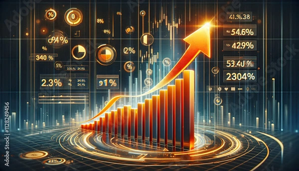 Obraz Bitcoin Crypto A futuristic bar chart with a bold upward arrow in vibrant orange, set against a grid background wit1