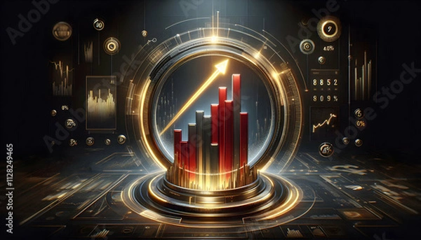 Obraz Bitcoin Crypto A futuristic bar chart with metallic red bars and a glowing golden arrow rising steeply, surrounded 4