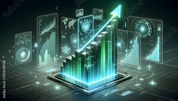 Obraz Bitcoin Crypto A futuristic bar chart with translucent green bars and an upward arrow glowing in electric blue, sur3