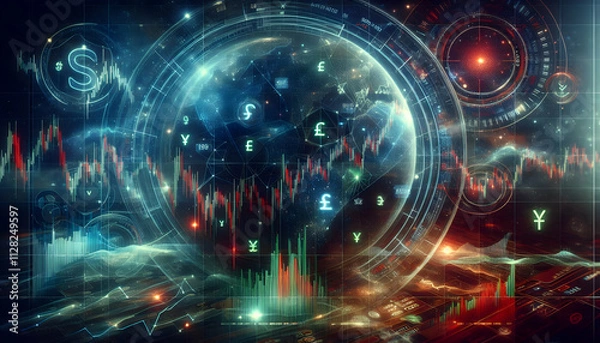 Obraz Bitcoin Crypto A futuristic Forex environment with multi-layered holographic currency analysis, vibrant green and r2