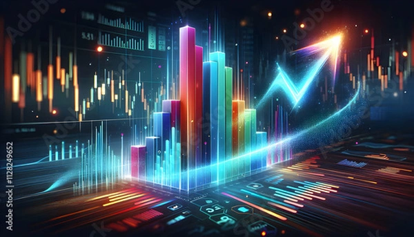 Obraz Bitcoin Crypto A dynamic bar chart with tall, colorful bars and a holographic arrow glowing in light blue, surround3