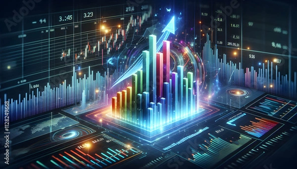 Obraz Bitcoin Crypto A dynamic bar chart with tall, colorful bars and a holographic arrow glowing in light blue, surround2