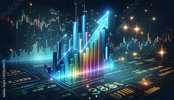 Obraz Bitcoin Crypto A dynamic bar chart with tall, colorful bars and a holographic arrow glowing in light blue, surround4