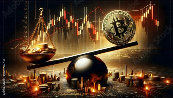 Obraz Bitcoin Crypto A dynamic digital artwork showing a Bitcoin coin on a seesaw, balanced on a spherical pivot In the b1