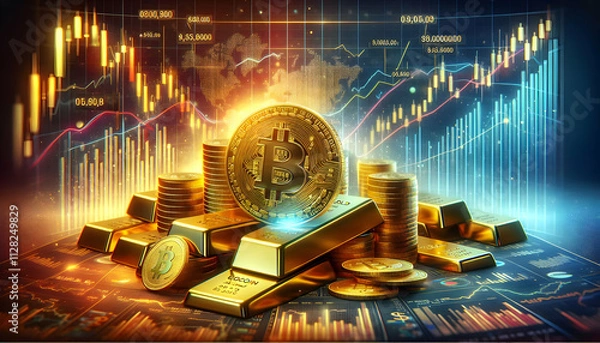 Obraz  A dynamic scene with gold bars, gold coins, and a Bitcoin (฿) symbol surrounded by financial graphs 2