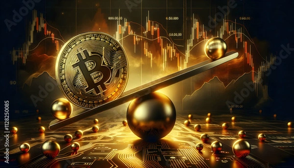 Obraz Bitcoin Crypto A dramatic digital artwork featuring a Bitcoin coin balanced on a seesaw, with a spherical pivot at 2