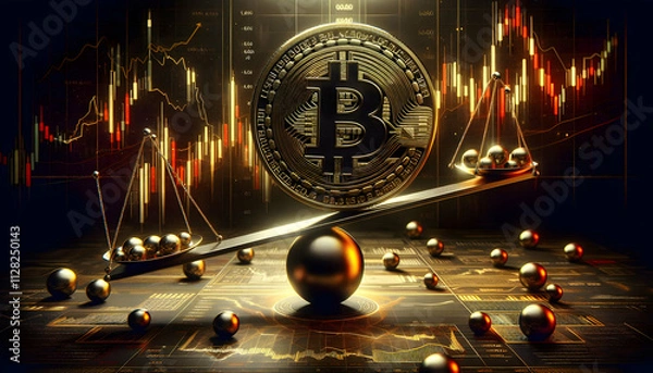 Obraz Bitcoin Crypto A dramatic digital artwork of a Bitcoin coin balanced on a seesaw, supported by a spherical pivot, w1