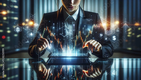 Obraz Bitcoin Crypto A businesswoman in a sleek black suit holding a tablet emitting a glowing hologram of a candlestick 1