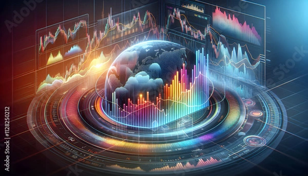 Obraz Bitcoin Crypto A close-up 3D view of Forex charts with live fluctuating graphs, colorful bars, and a semi-transpare3