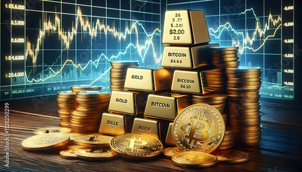 Obraz A collection of stacked gold bars with Bitcoin (฿) coins arranged in front, contrasted by a backgrou3