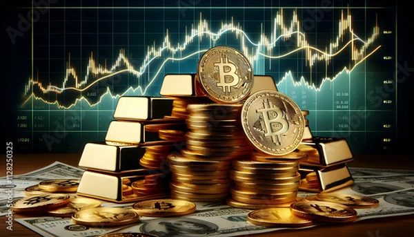 Obraz A collection of stacked gold bars with Bitcoin (฿) coins arranged in front, contrasted by a backgrou4