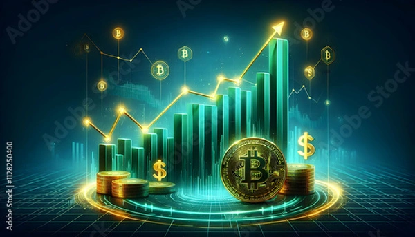 Fototapeta Bitcoin Crypto A detailed line graph glowing in emerald green, with a dollar sign ($) at the base and golden Bitcoi3