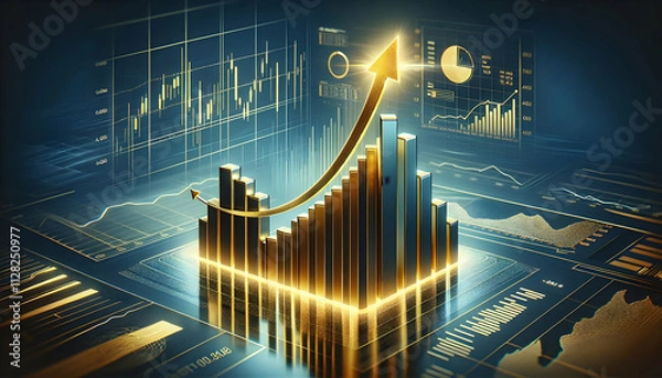 Fototapeta Bitcoin Crypto A bar chart with sharp-edged bars and a glowing gold arrow rising upward, surrounded by faint financ3