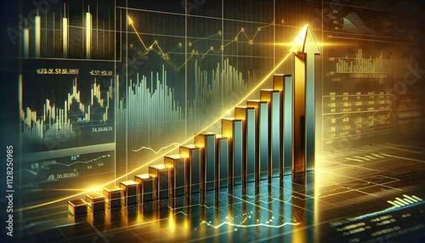 Obraz Bitcoin Crypto A bar chart with sharp-edged bars and a glowing gold arrow rising upward, surrounded by faint financ2