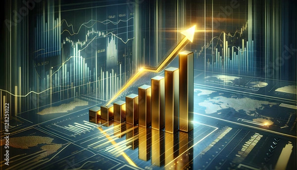 Obraz Bitcoin Crypto A bar chart with sharp-edged bars and a glowing gold arrow rising upward, surrounded by faint financ4