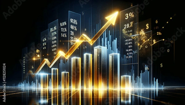 Obraz Bitcoin Crypto A bar chart with translucent glass-like bars and a golden upward arrow glowing brightly, with stock 4