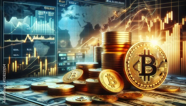 Obraz A Bitcoin (฿) and dollar ($) symbol displayed alongside stacks of gold coins and bars, Data visualiz1