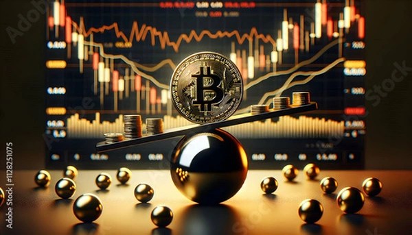 Obraz Bitcoin Crypto A Bitcoin coin on a seesaw-like structure balanced on a spherical pivot, with smaller spheres placed3