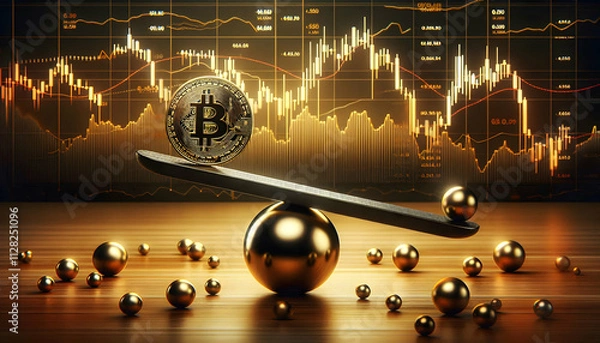 Obraz Bitcoin Crypto A Bitcoin coin on a seesaw-like structure balanced on a spherical pivot, with smaller spheres placed1