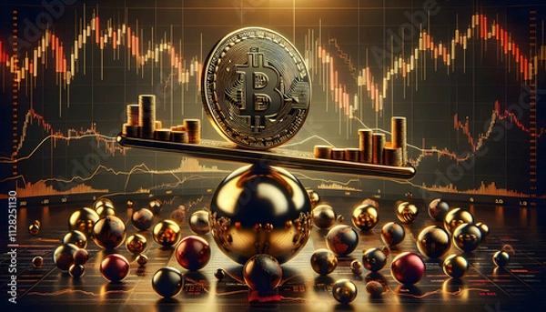 Fototapeta Bitcoin Crypto A Bitcoin coin on a seesaw-like structure, balanced on a spherical pivot, surrounded by smaller sphe2