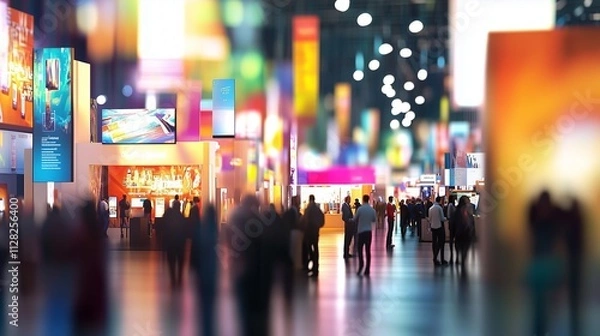 Obraz At a busy trade fair, professionals network around colorful booths and vibrant displays of innovative products.