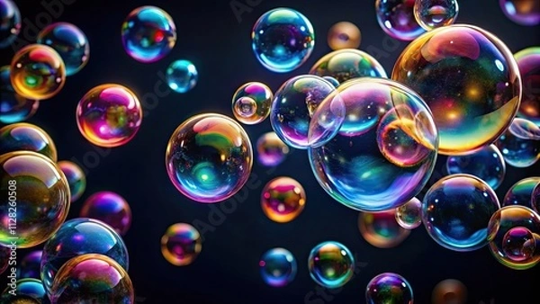 Fototapeta Colorful soap bubbles floating on a dark background, bubble, vibrant, shiny, reflective, iridescent, spherical, floating