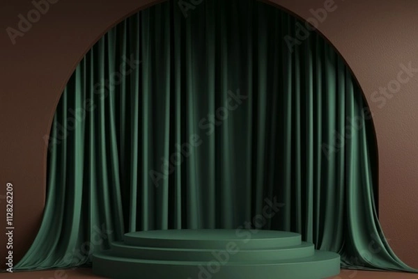 Fototapeta Green podium scene with an arch and green curtain, creating a sense of depth. The background is dark brown