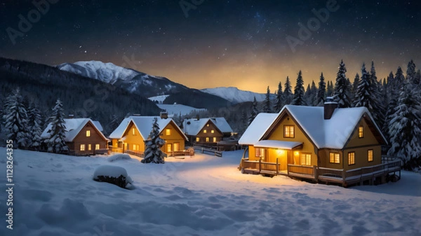 Fototapeta A snowy village scene with cozy cottages, glowing warm yellow lights, pine trees covered in snow, and a clear starry night sky. A blank snowy area at the bottom for copy space.