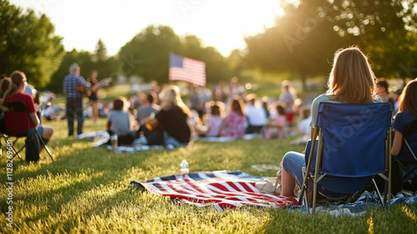 Fototapeta A community band performing patriotic songs at an outdoor Memorial Day event, with an audience of families seated on blankets and folding chairs. Ai generated