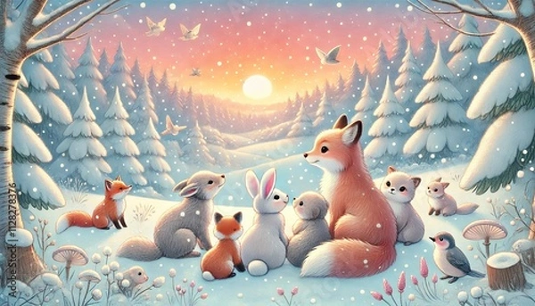 Fototapeta A Heartwarming Winter Sunset Scene with Animals in a Soft Storybook Style, Cozy and Gentle with a Snow-Covered Forest Setting