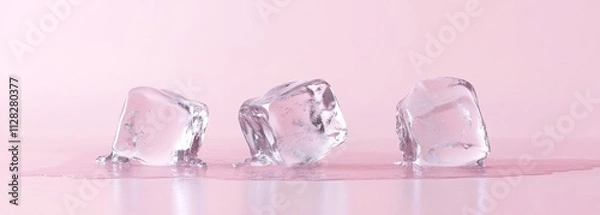 Fototapeta Three gleaming ice cubes on a delicate pink surface create an inviting and cool visual for any design project.