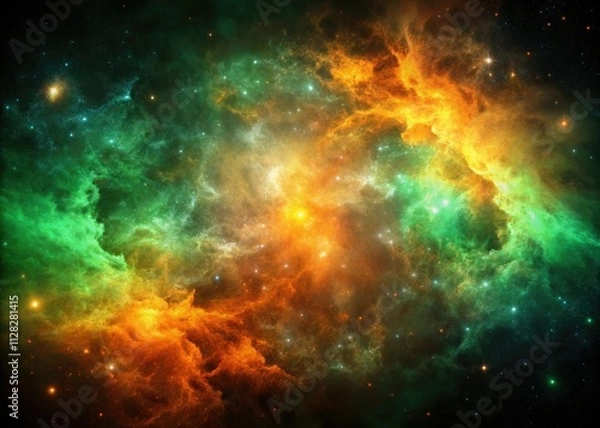 Fototapeta Orange and green nebula glows across a cosmic background, creating a vibrant space art galaxy design.