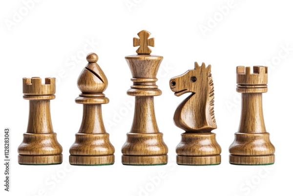 Obraz Set of wooden chess pieces with unique designs on a white background