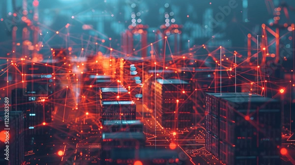 Fototapeta A futuristic cityscape illuminated by interconnected data points and networks.