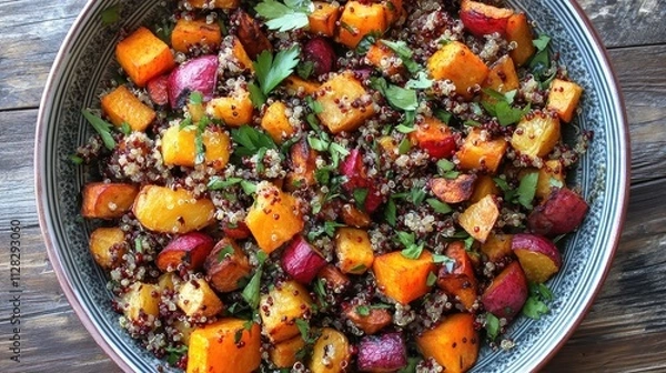 Fototapeta Roasted butternut squash, beets, and quinoa salad. A healthy and delicious autumnal meal, perfect for blogs or recipe sites.