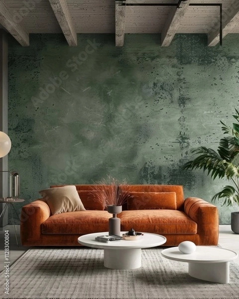 Fototapeta Minimalist living room interior with round coffee tables, orange velvet sofa, and green stucco wall for a sleek and cozy design