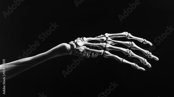Fototapeta Monochrome image of a detailed skeleton hand reaching out, emphasizing contrast and anatomical structure against a dark background.