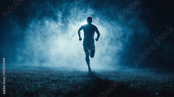 Fototapeta A man running at night in the fog on a grassy field, illuminated by soft light from behind. The silhouette of an athlete runner in action, with space for text or design. Sports advertising concept.