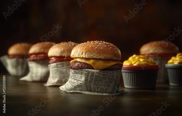 Fototapeta Delicious Gourmet Hamburgers Wrapped in Newspaper with Condiments, Showcasing Juicy Varieties of Beef Patties, Cheddar Cheese, and Mustard in an Artistic Presentation