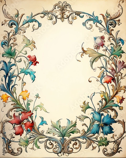 Fototapeta Medieval floral style page border with flowers and vines in muted colors around negative space.
