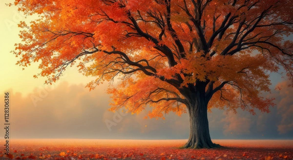 Obraz A Majestic Autumn Tree with Beautiful and Vibrant Orange Leaves in a Tranquil Setting