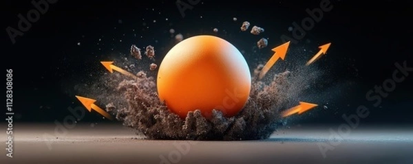 Fototapeta Dynamic 3D rendering of a cannonball in motion, with force vectors, velocity arrows, and trajectory parabolas surrounding it, symbolizing projectile motion
