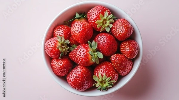 Fototapeta top down view of plain white ceramic bowl filled with fresh strawberries centered on clean white background