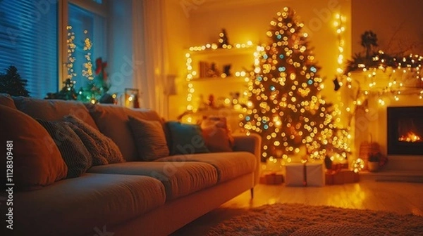 Fototapeta Inside a inviting living room, a beautifully decorated New Year tree illuminates the space with twinkling lights. Soft couch and glowing fireplace create a warm atmosphere for celebration and joy