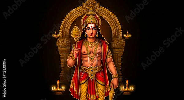 Obraz A vibrant depiction of Lord Murugan with a sacred spear and golden ornaments, symbolizing divine valor, wisdom, and spiritual leadership