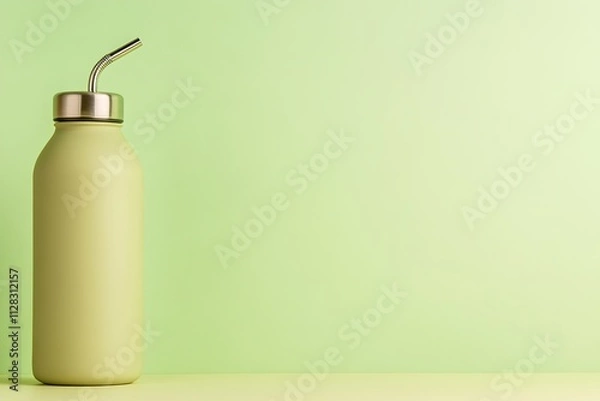 Fototapeta flat lay of reusable water bottle and metal straw on clean background with soft natural shadows