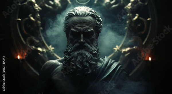 Fototapeta A dark and imposing bearded warrior figure shrouded in shadows, symbolizing mystery and power