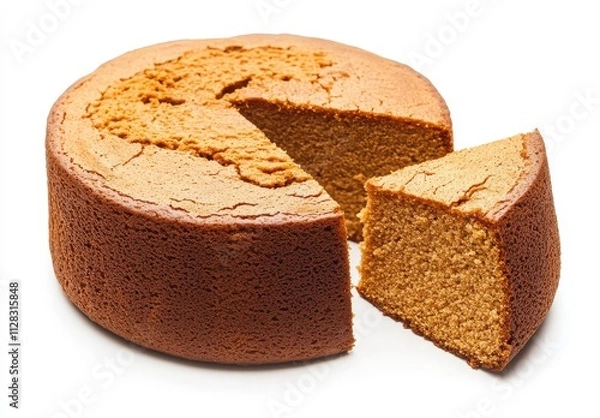 Fototapeta Freshly Baked Golden Sponge Cake with a Perfect Slice Removed, Showcasing Soft Texture and Delicious Aroma, Ideal for Dessert or Celebration Use in Cookbooks and Blogs