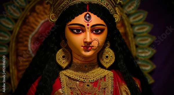 Obraz A detailed idol depiction of Goddess Durga with intricate jewelry, a calm expression, and traditional adornments in a ceremonial setting