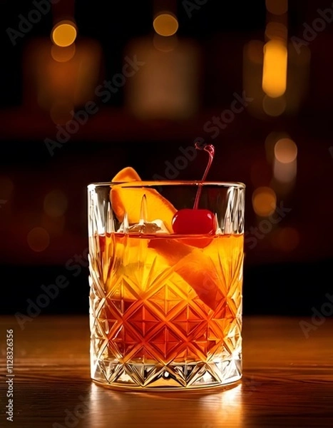 Fototapeta A crystal glass with an old-fashioned cocktail, garnished with an orange peel and cherry, placed on a bar counter under warm ambient lighting.
